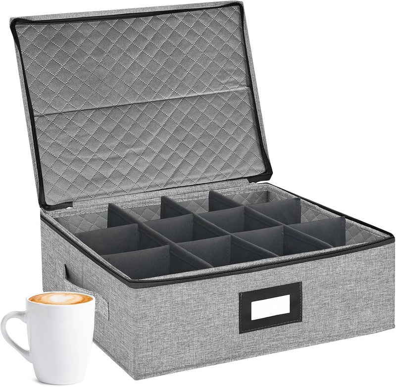 VERONLY Coffee Mug Storage Box with Dividers, China Storage Containers Hard Shell ,Glassware Storage Containers with Zipper Lid and Handles, Stackable for 12 Mugs, Tea Cups, Moving & Packing (Light Grey) - Image 1